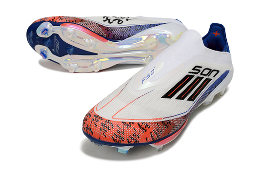 CHUTEIRA ADIDAS F50 LACELESS LIGHTSTRIKE PRO ELITE CAMPO "SON" - BRANCA E LARANJA