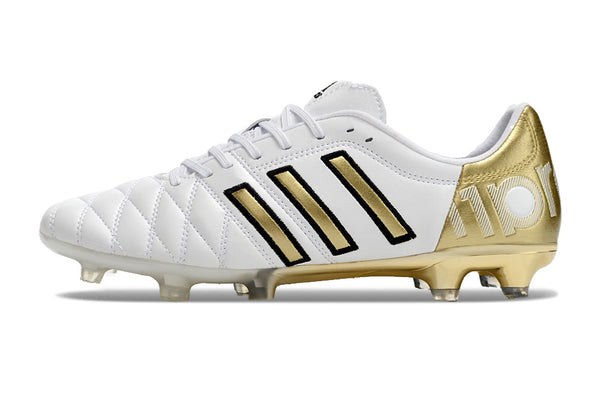 Chuteira Campo Adidas AdiPure 11 Pro FG Branca e Azul " Toni Kroos Dourada "